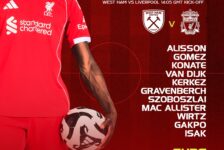 Liverpool starting XI graphic for West Ham away, showing Alisson, Gomez, Konaté, Van Dijk, Kerkez, Gravenberch, Szoboszlai, Mac Allister, Wirtz, Gakpo, and Isak.