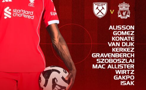Liverpool starting XI graphic for West Ham away, showing Alisson, Gomez, Konaté, Van Dijk, Kerkez, Gravenberch, Szoboszlai, Mac Allister, Wirtz, Gakpo, and Isak.