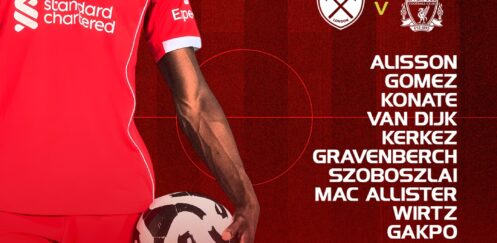 Liverpool starting XI graphic for West Ham away, showing Alisson, Gomez, Konaté, Van Dijk, Kerkez, Gravenberch, Szoboszlai, Mac Allister, Wirtz, Gakpo, and Isak.