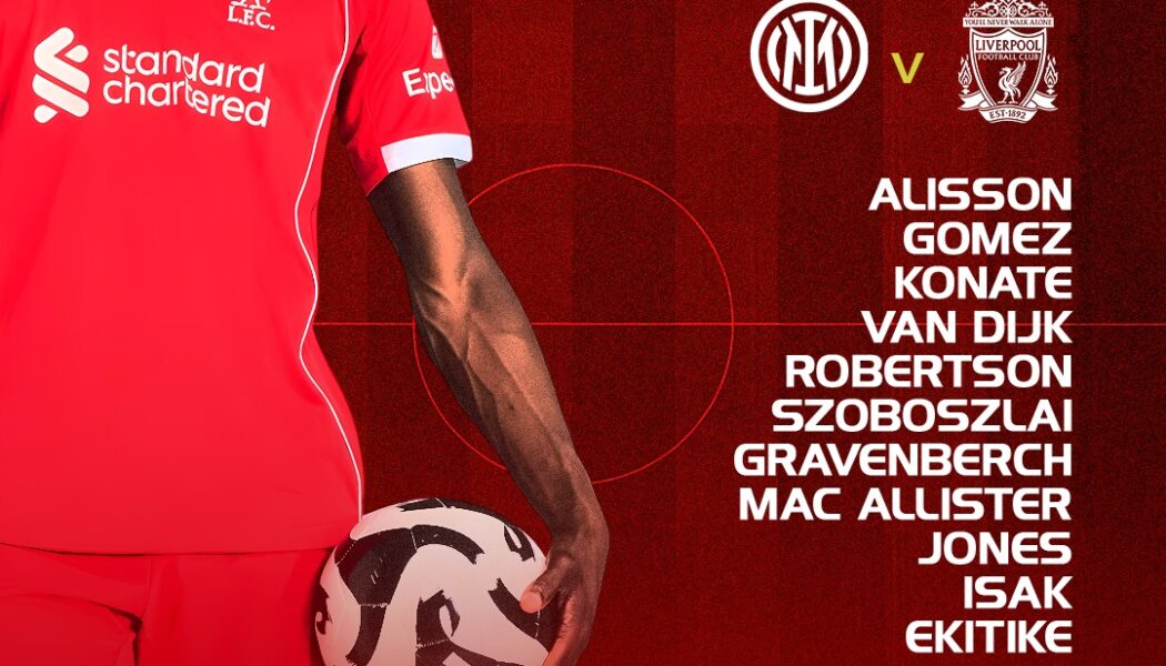 Liverpool starting XI graphic for Inter Milan away, listing Alisson, Gomez, Konaté, Van Dijk, Robertson, Szoboszlai, Gravenberch, Mac Allister, Jones, Isak and Ekitike.