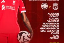 Liverpool starting XI graphic for Inter Milan away, listing Alisson, Gomez, Konaté, Van Dijk, Robertson, Szoboszlai, Gravenberch, Mac Allister, Jones, Isak and Ekitike.