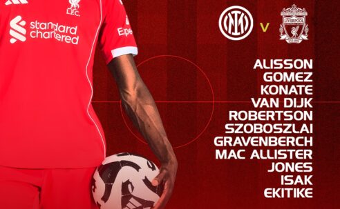 Liverpool starting XI graphic for Inter Milan away, listing Alisson, Gomez, Konaté, Van Dijk, Robertson, Szoboszlai, Gravenberch, Mac Allister, Jones, Isak and Ekitike.