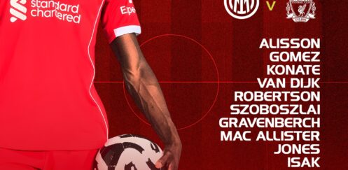 Liverpool starting XI graphic for Inter Milan away, listing Alisson, Gomez, Konaté, Van Dijk, Robertson, Szoboszlai, Gravenberch, Mac Allister, Jones, Isak and Ekitike.