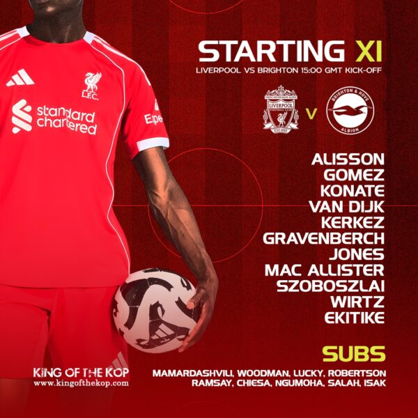 Liverpool confirmed starting XI vs Brighton showing Alisson, Van Dijk, Wirtz and Ekitike ahead of 3pm Premier League kick-off