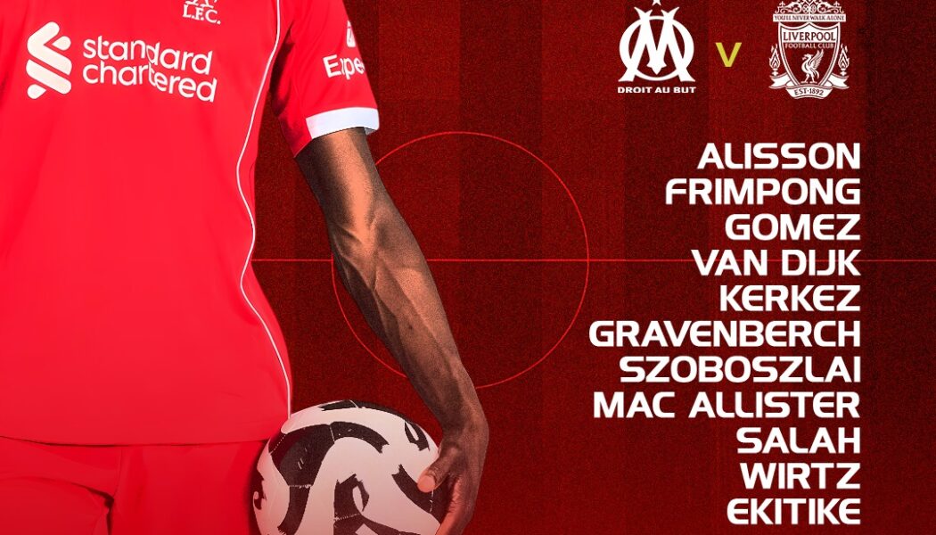 Liverpool starting XI graphic for Champions League match vs Marseille at the Stade Vélodrome, 20:00 GMT kick-off.