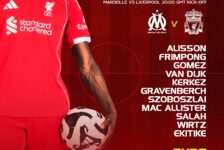 Liverpool starting XI graphic for Champions League match vs Marseille at the Stade Vélodrome, 20:00 GMT kick-off.
