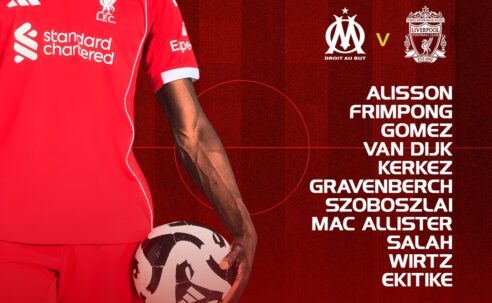 Liverpool starting XI graphic for Champions League match vs Marseille at the Stade Vélodrome, 20:00 GMT kick-off.