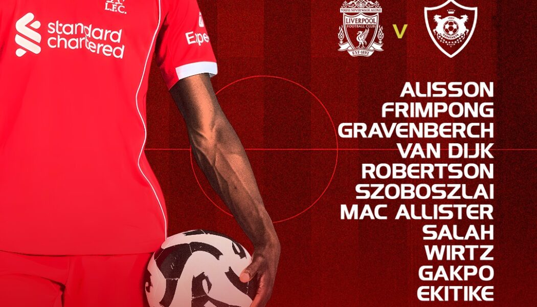 Liverpool starting XI graphic vs Qarabağ in the Champions League, showing team list and 20:00 GMT kick-off at Anfield