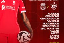 Liverpool starting XI graphic vs Qarabağ in the Champions League, showing team list and 20:00 GMT kick-off at Anfield