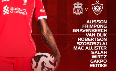 Liverpool starting XI graphic vs Qarabağ in the Champions League, showing team list and 20:00 GMT kick-off at Anfield