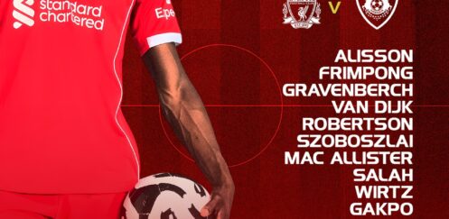 Liverpool starting XI graphic vs Qarabağ in the Champions League, showing team list and 20:00 GMT kick-off at Anfield