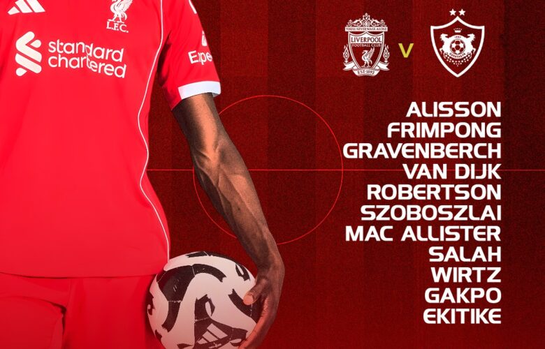 Liverpool starting XI graphic vs Qarabağ in the Champions League, showing team list and 20:00 GMT kick-off at Anfield
