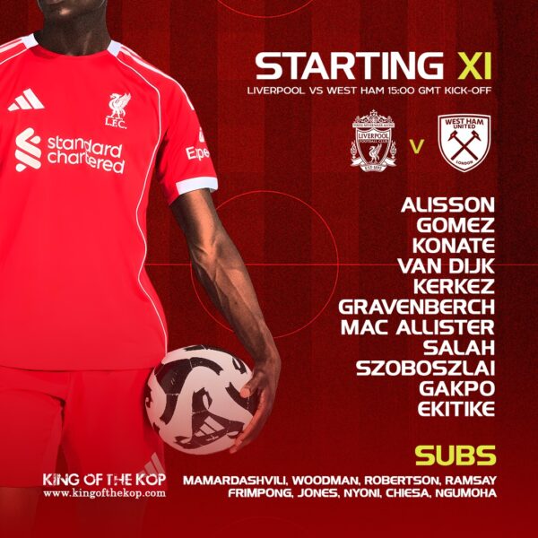 Confirmed: Liverpool team vs West Ham