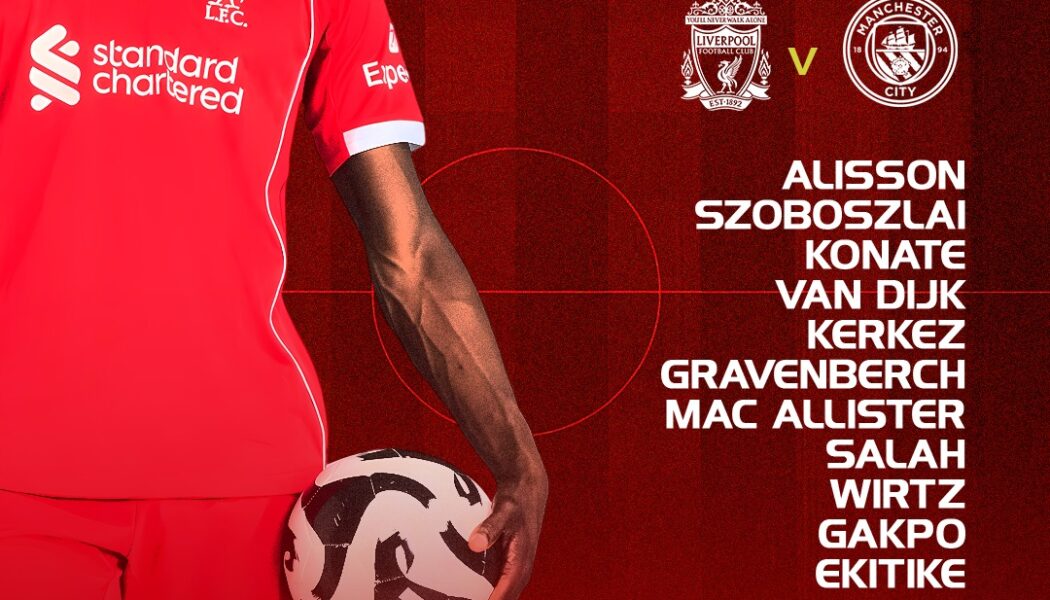 Liverpool team line-up poster showing confirmed XI vs Manchester City at Anfield.