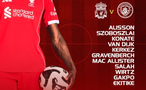 Liverpool team line-up poster showing confirmed XI vs Manchester City at Anfield.