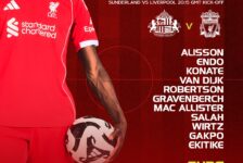 Liverpool XI vs Sunderland graphic showing Alisson, Endo, Konate, Van Dijk, Robertson, Salah and Gakpo in starting lineup at Stadium of Light.