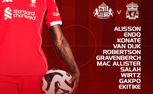 Liverpool XI vs Sunderland graphic showing Alisson, Endo, Konate, Van Dijk, Robertson, Salah and Gakpo in starting lineup at Stadium of Light.