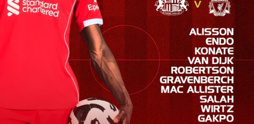 Liverpool XI vs Sunderland graphic showing Alisson, Endo, Konate, Van Dijk, Robertson, Salah and Gakpo in starting lineup at Stadium of Light.