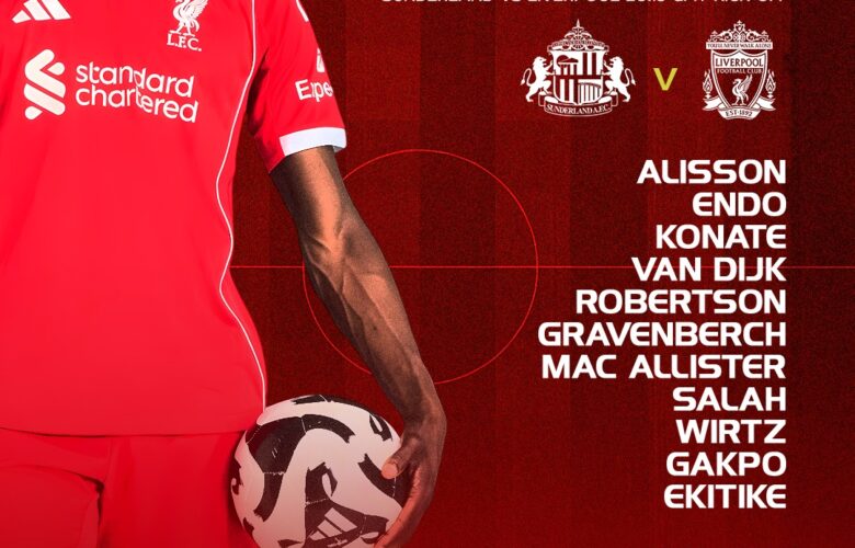 Liverpool XI vs Sunderland graphic showing Alisson, Endo, Konate, Van Dijk, Robertson, Salah and Gakpo in starting lineup at Stadium of Light.