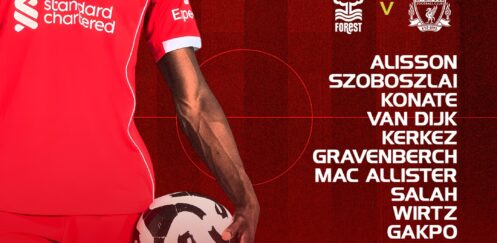 Liverpool starting XI vs Nottingham Forest at the City Ground, 14:00 GMT kick-off, Premier League team graphic.