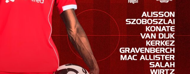 Liverpool starting XI vs Nottingham Forest at the City Ground, 14:00 GMT kick-off, Premier League team graphic.