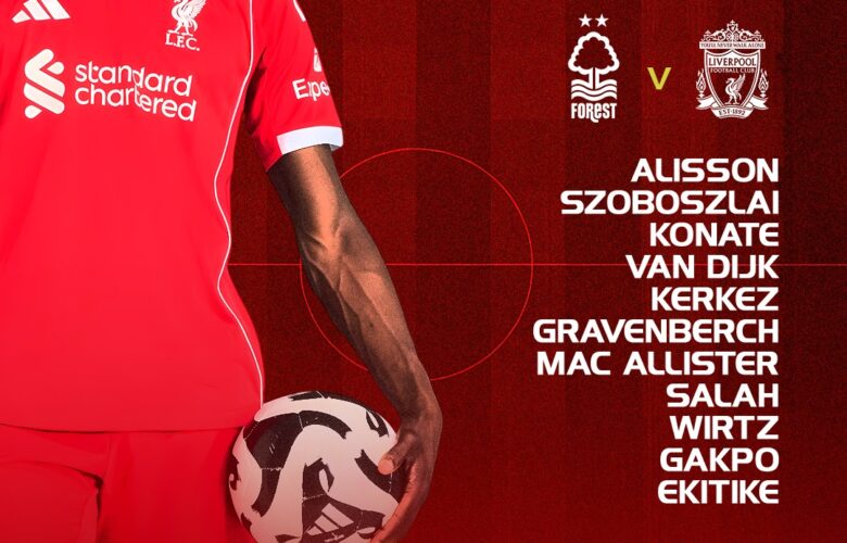 Liverpool starting XI vs Nottingham Forest at the City Ground, 14:00 GMT kick-off, Premier League team graphic.