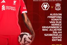 Liverpool starting XI graphic for Wolves vs Liverpool at Molineux, 20:15 GMT kick-off, listing Alisson, Frimpong, Konate, Van Dijk, Kerkez, Gravenberch, Mac Allister, Salah, Szoboszlai, Gakpo and Ekitike with substitutes below.