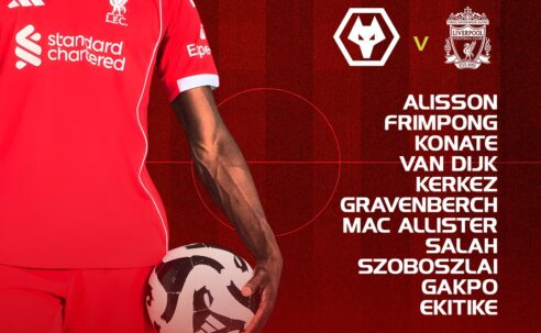 Liverpool starting XI graphic for Wolves vs Liverpool at Molineux, 20:15 GMT kick-off, listing Alisson, Frimpong, Konate, Van Dijk, Kerkez, Gravenberch, Mac Allister, Salah, Szoboszlai, Gakpo and Ekitike with substitutes below.