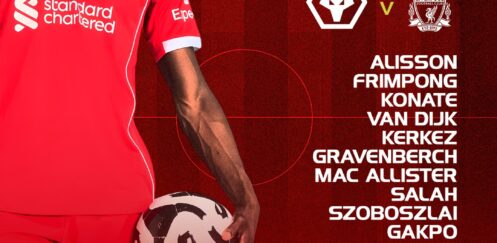 Liverpool starting XI graphic for Wolves vs Liverpool at Molineux, 20:15 GMT kick-off, listing Alisson, Frimpong, Konate, Van Dijk, Kerkez, Gravenberch, Mac Allister, Salah, Szoboszlai, Gakpo and Ekitike with substitutes below.