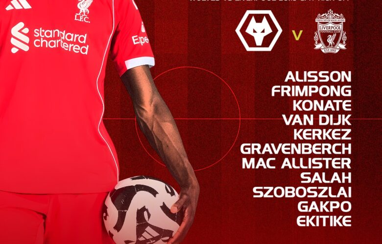 Liverpool starting XI graphic for Wolves vs Liverpool at Molineux, 20:15 GMT kick-off, listing Alisson, Frimpong, Konate, Van Dijk, Kerkez, Gravenberch, Mac Allister, Salah, Szoboszlai, Gakpo and Ekitike with substitutes below.