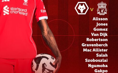 Liverpool starting XI graphic for Wolves vs Liverpool in the FA Cup, showing Alisson, Jones, Gomez, Van Dijk, Robertson, Gravenberch, Mac Allister, Salah, Szoboszlai, Ngumoha and Gakpo.