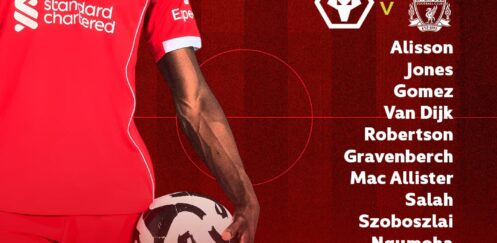 Liverpool starting XI graphic for Wolves vs Liverpool in the FA Cup, showing Alisson, Jones, Gomez, Van Dijk, Robertson, Gravenberch, Mac Allister, Salah, Szoboszlai, Ngumoha and Gakpo.