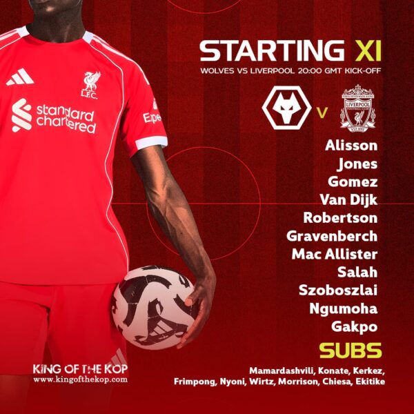 Liverpool starting XI graphic for Wolves vs Liverpool in the FA Cup, showing Alisson, Jones, Gomez, Van Dijk, Robertson, Gravenberch, Mac Allister, Salah, Szoboszlai, Ngumoha and Gakpo.