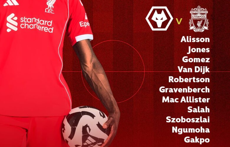 Liverpool starting XI graphic for Wolves vs Liverpool in the FA Cup, showing Alisson, Jones, Gomez, Van Dijk, Robertson, Gravenberch, Mac Allister, Salah, Szoboszlai, Ngumoha and Gakpo.