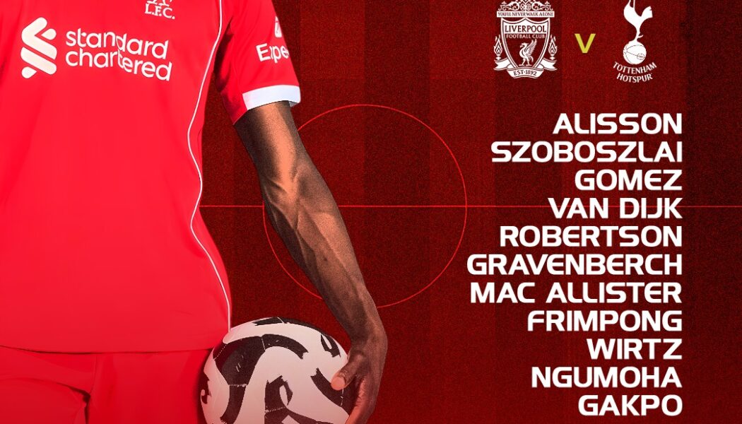 Liverpool starting XI graphic vs Tottenham at Anfield with Ngumoha starting, Salah on the bench and Alisson returning.
