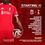 Liverpool starting XI graphic vs Tottenham at Anfield with Ngumoha starting, Salah on the bench and Alisson returning.