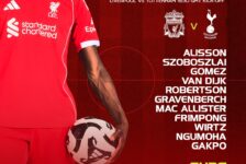 Liverpool starting XI graphic vs Tottenham at Anfield with Ngumoha starting, Salah on the bench and Alisson returning.