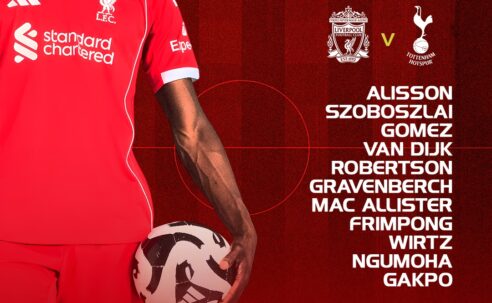 Liverpool starting XI graphic vs Tottenham at Anfield with Ngumoha starting, Salah on the bench and Alisson returning.
