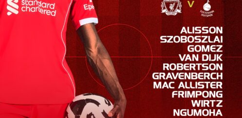 Liverpool starting XI graphic vs Tottenham at Anfield with Ngumoha starting, Salah on the bench and Alisson returning.