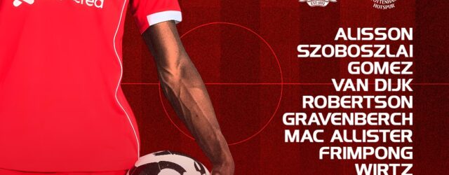 Liverpool starting XI graphic vs Tottenham at Anfield with Ngumoha starting, Salah on the bench and Alisson returning.