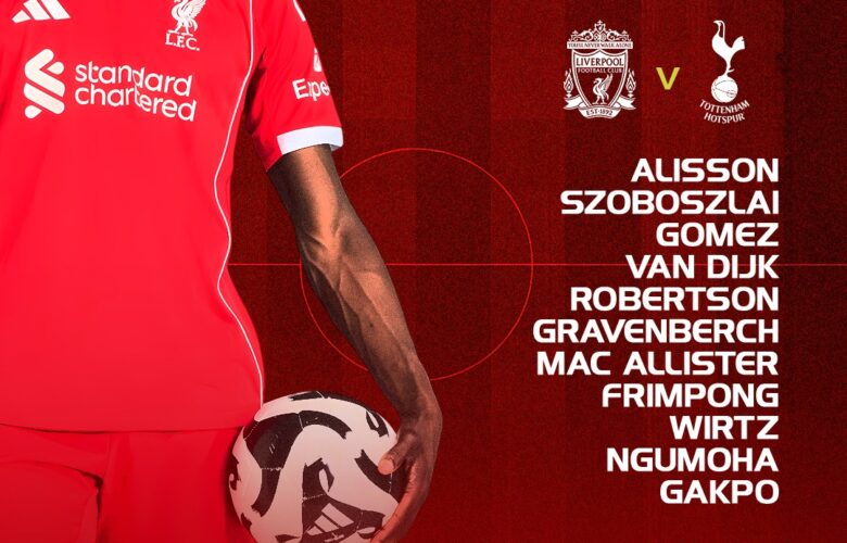 Liverpool starting XI graphic vs Tottenham at Anfield with Ngumoha starting, Salah on the bench and Alisson returning.
