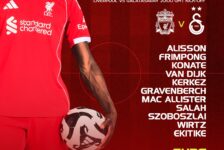 Liverpool players line up before the Champions League game against Galatasaray at Anfield.