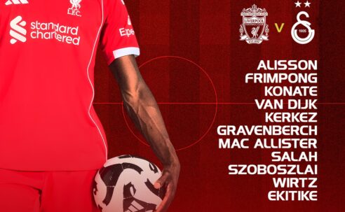 Liverpool players line up before the Champions League game against Galatasaray at Anfield.