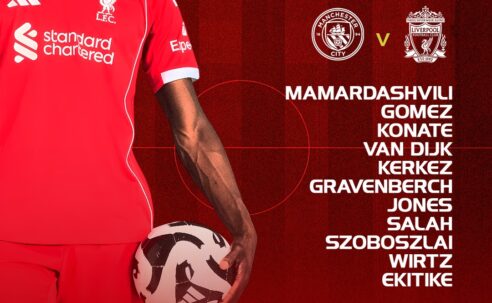 Liverpool players line up for the FA Cup quarter-final against Man City at the Etihad