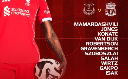 Liverpool starting XI graphic vs Everton showing Mamardashvili, Jones, Konate, Van Dijk, Robertson, Gravenberch, Szoboszlai, Salah, Wirtz, Gakpo and Isak.