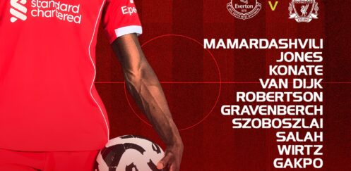 Liverpool starting XI graphic vs Everton showing Mamardashvili, Jones, Konate, Van Dijk, Robertson, Gravenberch, Szoboszlai, Salah, Wirtz, Gakpo and Isak.