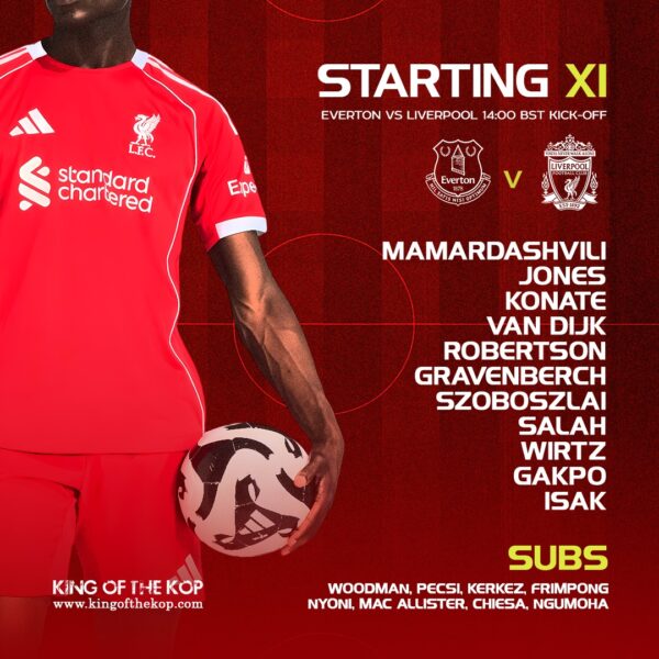 Liverpool starting XI graphic vs Everton showing Mamardashvili, Jones, Konate, Van Dijk, Robertson, Gravenberch, Szoboszlai, Salah, Wirtz, Gakpo and Isak.
