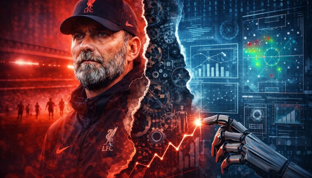 Opinion graphic showing Jürgen Klopp beside data screens and a robotic hand for a King of the Kop article on Liverpool’s data-led model