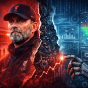 Opinion graphic showing Jürgen Klopp beside data screens and a robotic hand for a King of the Kop article on Liverpool’s data-led model