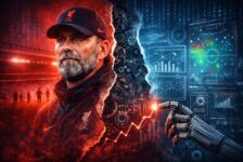 Opinion graphic showing Jürgen Klopp beside data screens and a robotic hand for a King of the Kop article on Liverpool’s data-led model